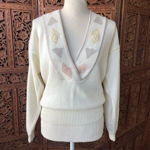 Vintage western granny Ivory V-Neck Shawl Collar Sweater with Geometric Detail
